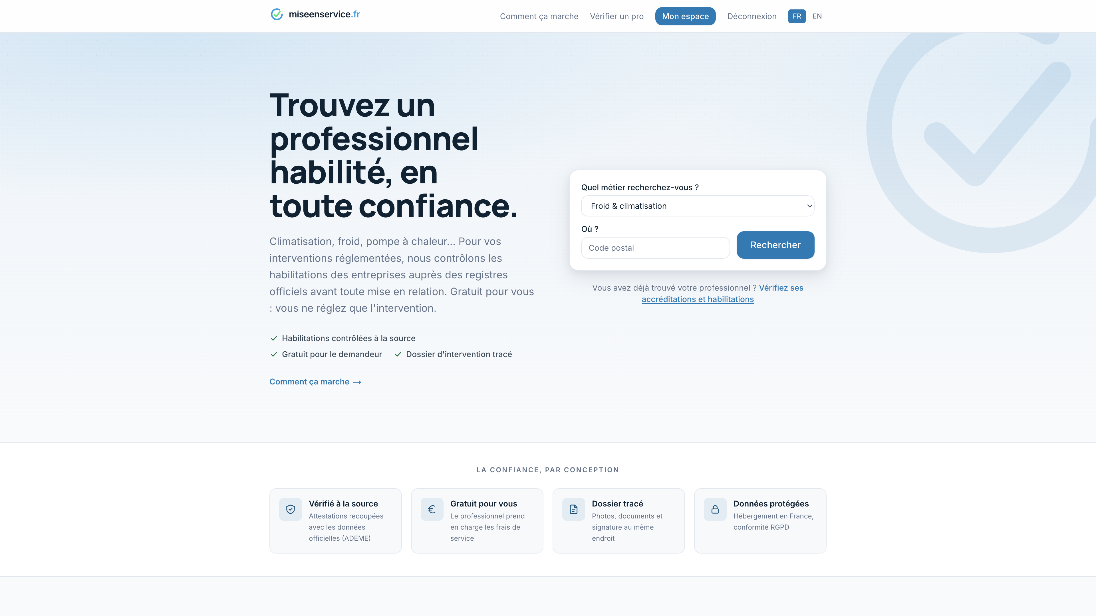 Page d’accueil et recherche miseenservice.fr